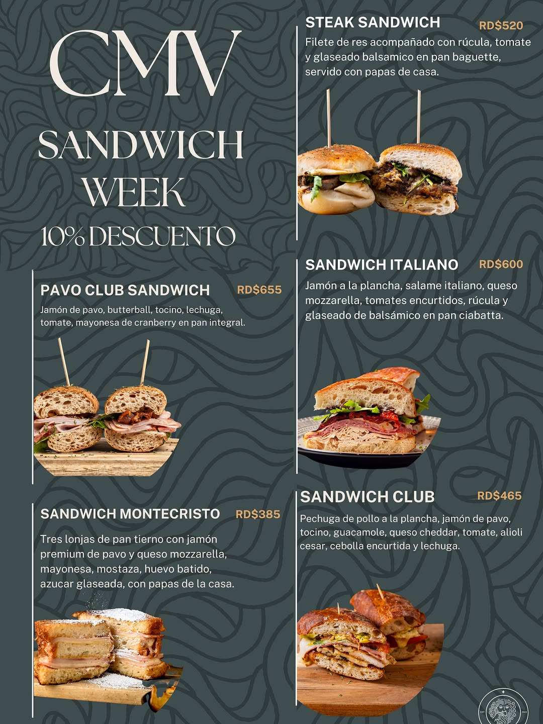 ¡Llega la CMV Sandwich Week!

A partir de la próxima semana disfruta de tus favoritos con 10% de descuento durante tiempo limitado.

Desde el clásico Montecristo hasta nuestro Pavo Club, Steak Sandwich, Club Sandwich e Italiano, esta es la excusa perfecta para probar uno nuevo… o volver por tu favorito.

¿Cuál vas a pedir primero? 👇

#CafeCMV #CMVSandwichWeek #PuertoPlata